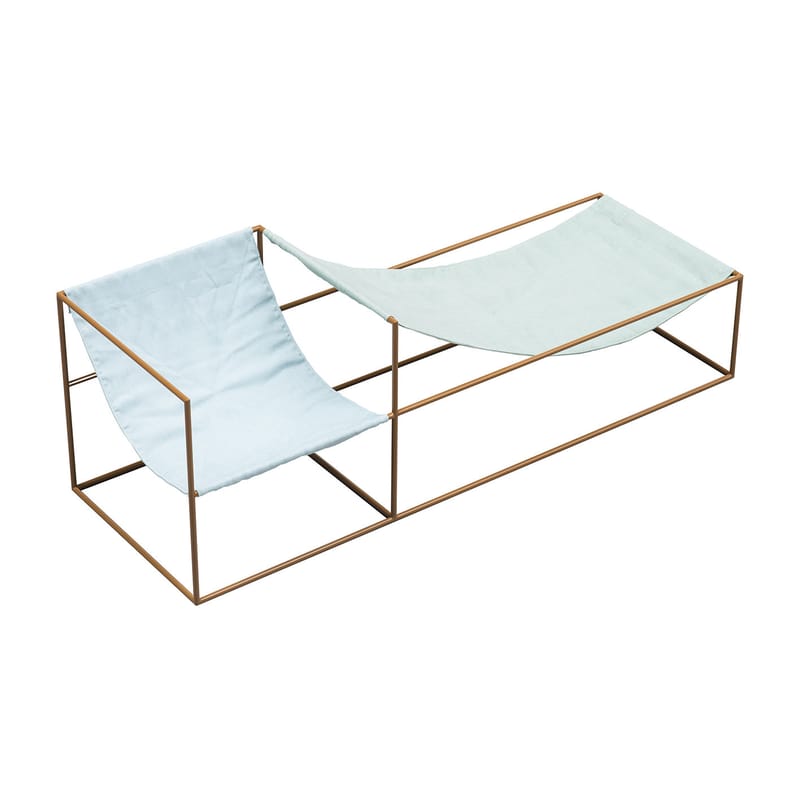 Mobilier - Fauteuils - Fauteuil Duo Seat tissu bleu vert / Assise double - 180 x 60 cm - Lin & acier - valerie objects - Bleu & vert / Structure Curry - Acier, Lin