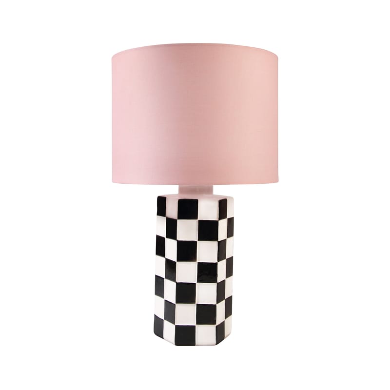 Luminaire - Lampes de table - Lampe de table Check tissu céramique blanc rose noir / Ø 25 x H 42 cm - & klevering - Noir & blanc / Abat-jour rose - Céramique, Coton