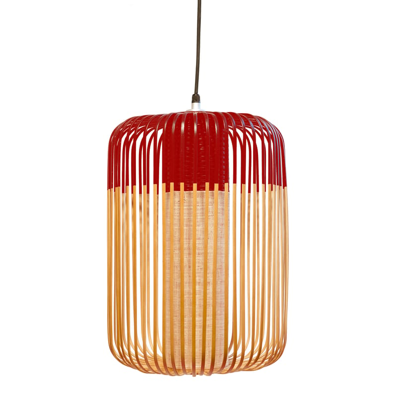 Luminaire - Suspensions - Suspension Bamboo Light L rouge bois naturel / H 50 x Ø 35 cm - Forestier - Rouge / Naturel - Bambou naturel, Métal, Tissu