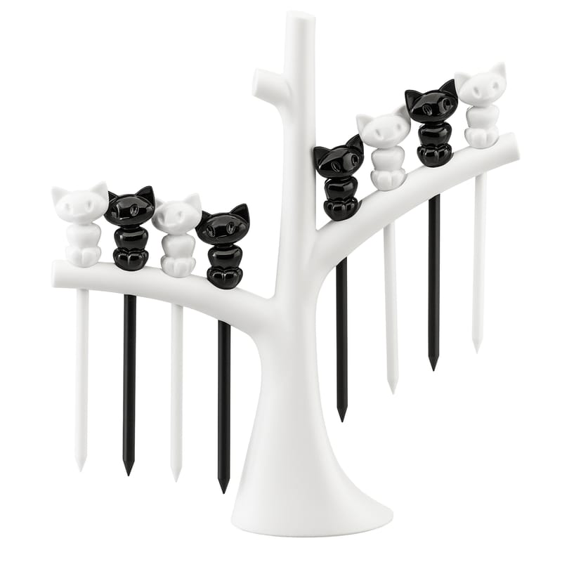 Tableware - Around wine - Miaou Appetiser skewers plastic material white black / Set of 8 with tree stand - Koziol - White tree / Black and white cats - Plastic