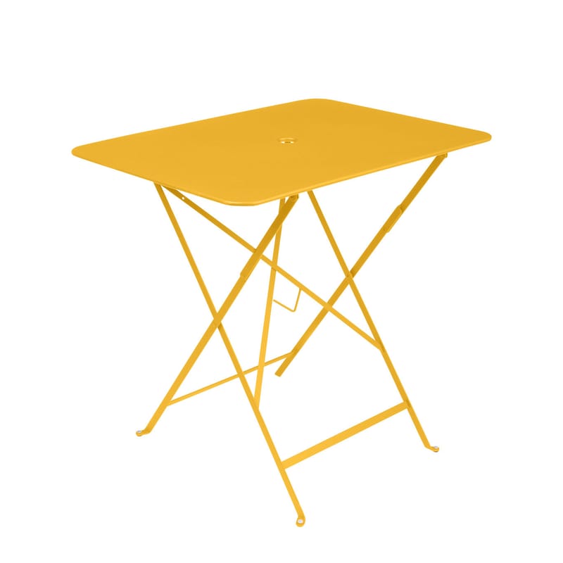 Jardin - Tables de jardin - Table pliante Bistro métal jaune / 77 x 57 cm - 4 personnes / Trou parasol - Fermob - Miel texturé - Acier laqué