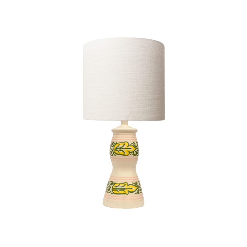 Luminaire - Lampes de table - Lampe de table Aliya tissu céramique jaune / Ø 35 x H 80 cm - POPUS EDITIONS - Motifs jaunes / Abat-jour blanc - Céramique, Lin