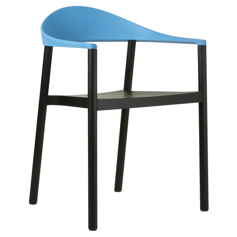 Mobilier - Chaises, fauteuils de salle à manger - Fauteuil empilable Monza plastique bois bleu noir - Plank - Noir / Dossier bleu - Frêne verni, Polypropylène