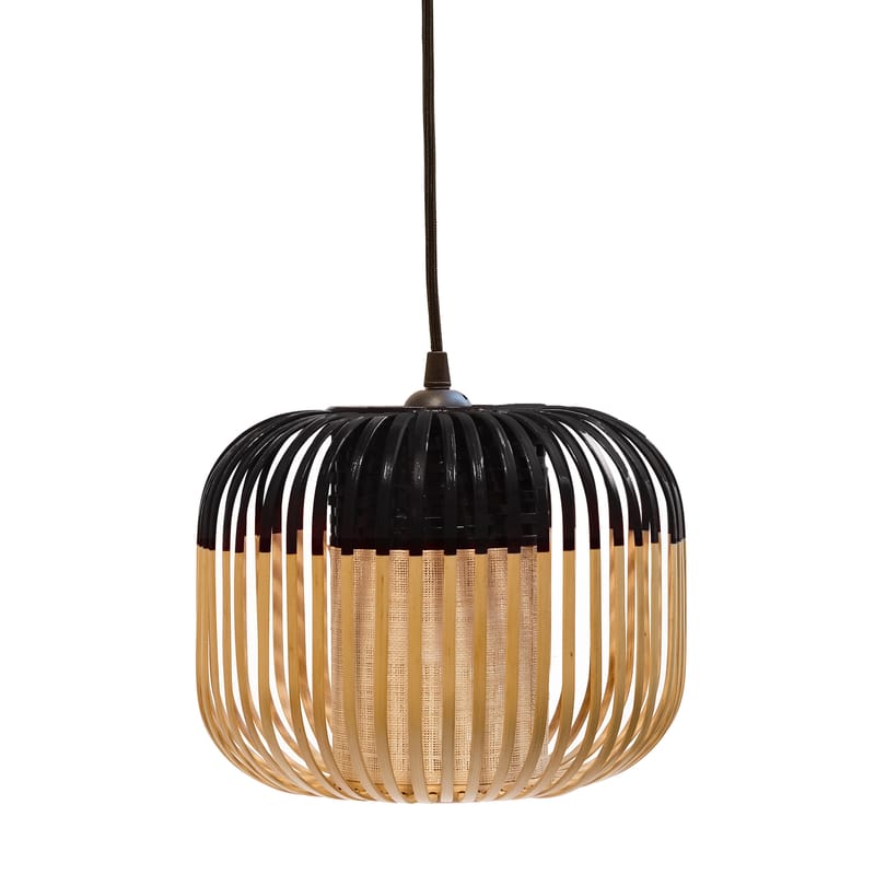 Lighting - Pendant Lighting - Bamboo Light XS Pendant metal textile black natural wood H 20 x Ø 27 cm - Forestier - Black / Natural - Fabric, Metal, Natural bamboo