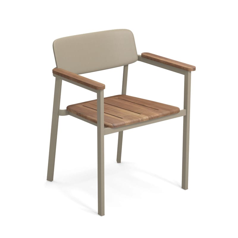 Mobilier - Chaises, fauteuils de salle à manger - Fauteuil empilable Shine métal beige bois naturel / Assise & accoudoirs teck - Emu - Tourterelle / Teck - Aluminium verni, Teck FSC