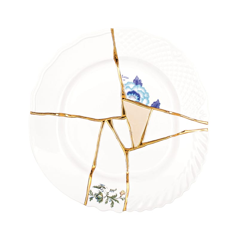 Table et cuisine - Assiettes - Assiette Kintsugi céramique blanc / or fin - Seletti - Blanc & or / Motifs bleus - Or, Porcelaine