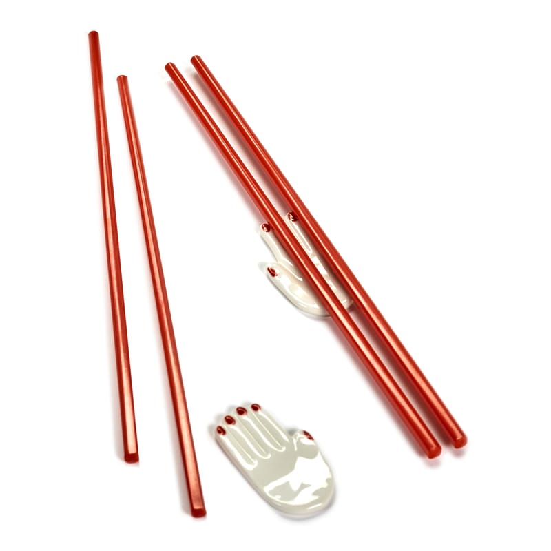 Tableware - Cutlery - Mains Chopstick holders ceramic white / Set of 2 (Japanese chopsticks included) - Serax - White & red - China, Wood