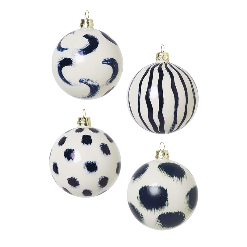 Décoration - Décorations de Noël - Boule de Noël  verre bleu / Set de 4 - peint à la main - Ferm Living - Bleu - Verre
