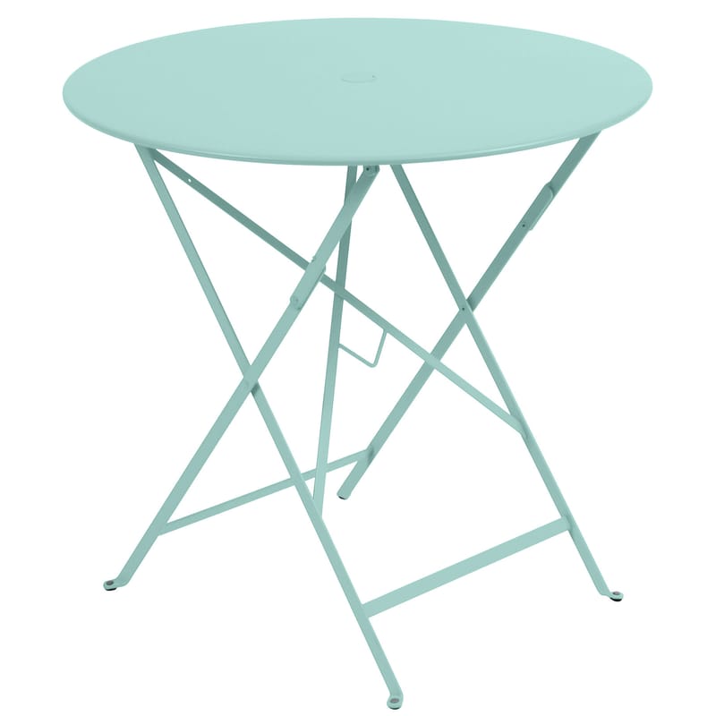 Jardin - Tables de jardin - Table pliante Bistro métal bleu / Ø 77cm - Trou pour parasol - Fermob - Bleu lagune - Acier laqué