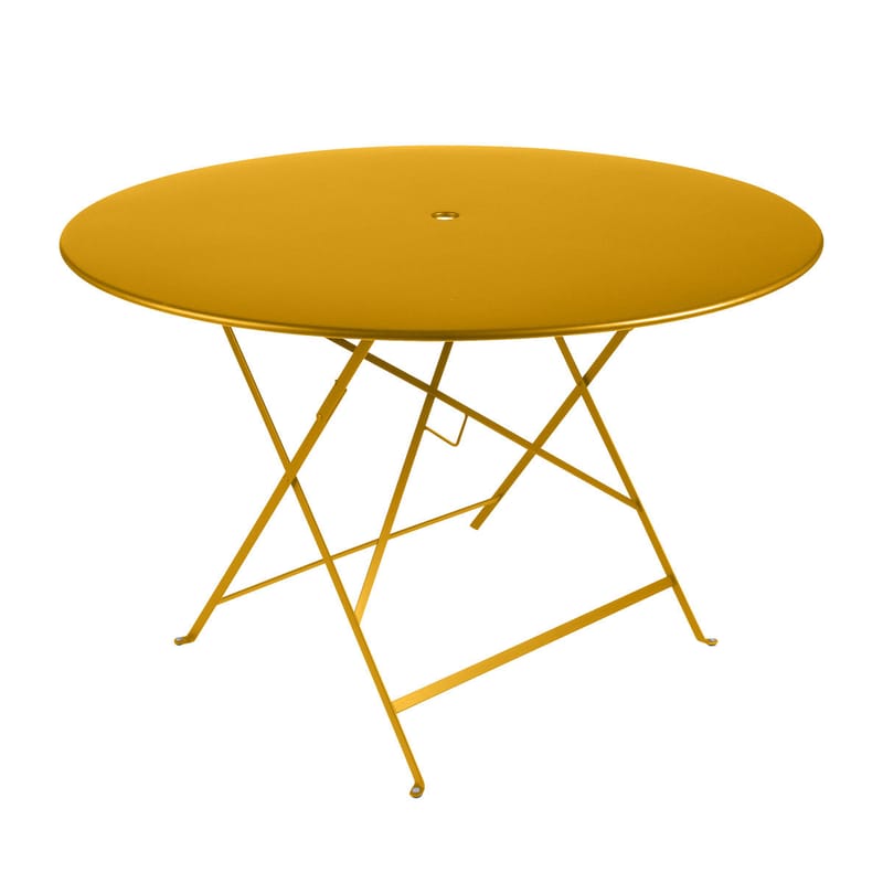 Jardin - Tables de jardin - Table pliante Bistro métal jaune / Ø 117 cm - 6/8 personnes - Trou parasol - Fermob - Miel texturé - Acier laqué