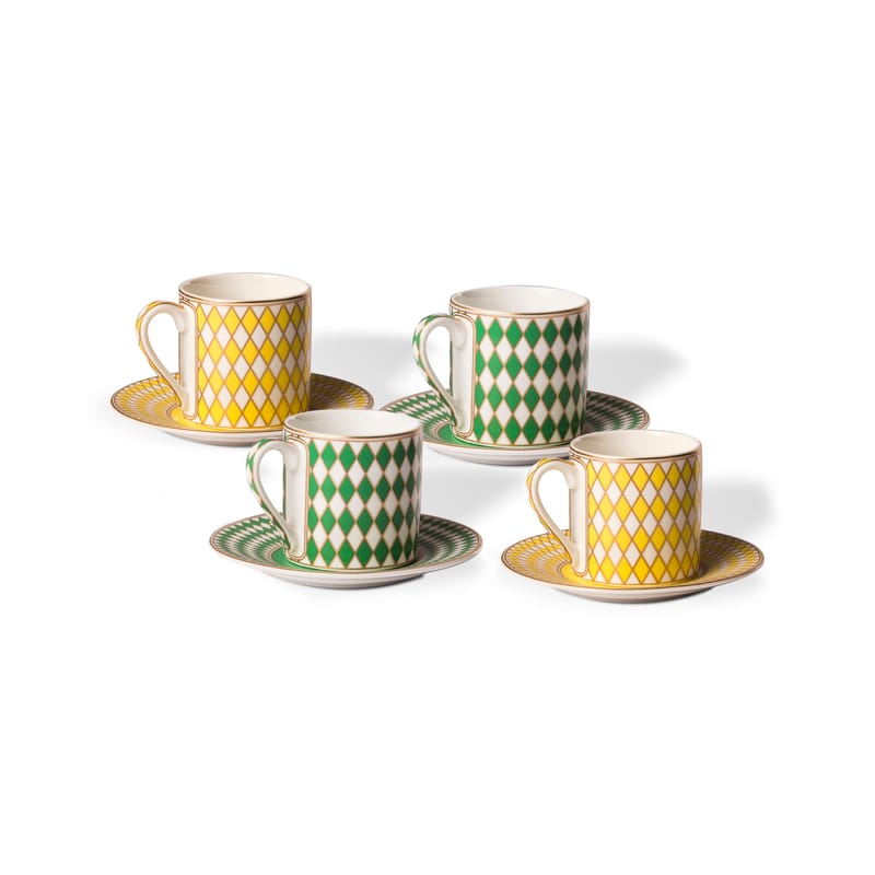 Table et cuisine - Tasses et mugs - Tasse à espresso Chess céramique jaune vert / 100 ml - Avec soucoupe / Set de 4 - Pols Potten - Jaune & vert / Or - Porcelaine émaillée