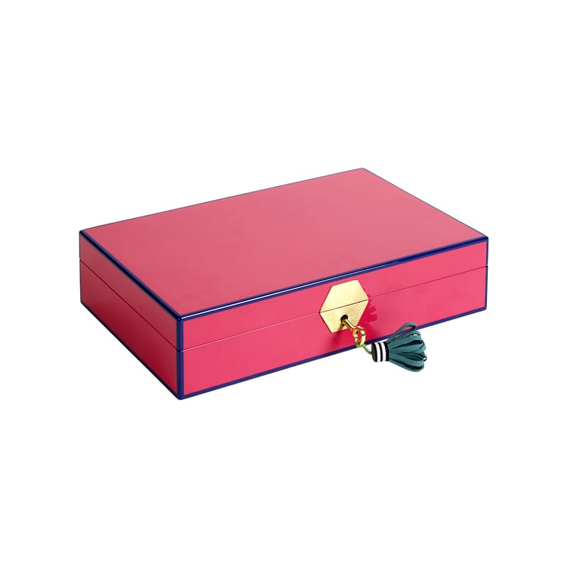 Décoration - Boîtes déco - Boîte à bijoux  bois rose / 28 x 18 cm - Jonathan Adler - Rose / Liseré bleu nuit - Bois laqué, Métal plaqué laiton, Velours