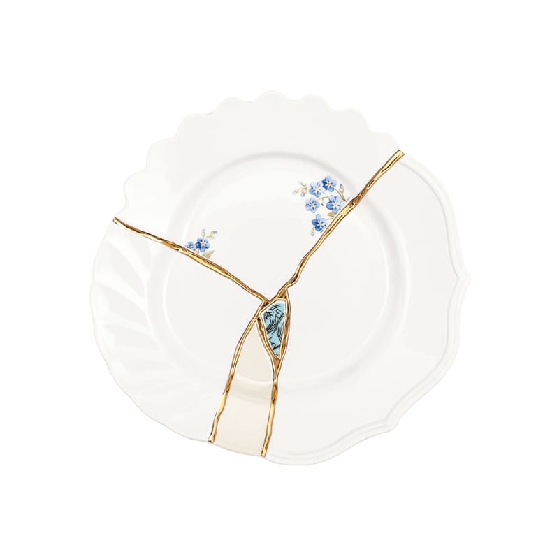 Table et cuisine - Assiettes - Assiette à dessert Kintsugi céramique blanc / or fin - Seletti - Blanc & or / Motifs bleus - Or, Porcelaine