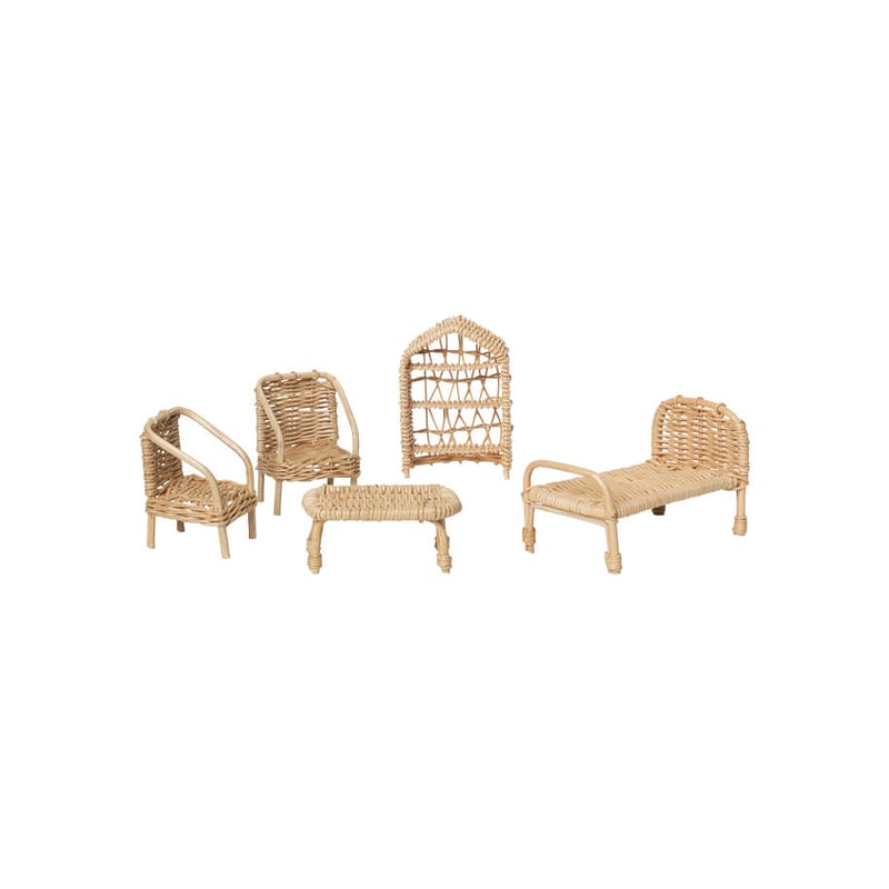 Décoration - Pour les enfants - Meuble pour maison de poupée Rattan fibre végétale bois naturel / Set de 5 meubles miniatures - H 8 cm - Ferm Living - Naturel - Rotin tressé