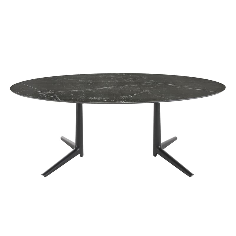 Mobilier - Tables - Table ovale Multiplo XL INDOOR -   / Grès effet marbre / 192 x 118 cm - Kartell - Noir / Pied noir - Aluminium verni, Grès cérame effet marbre