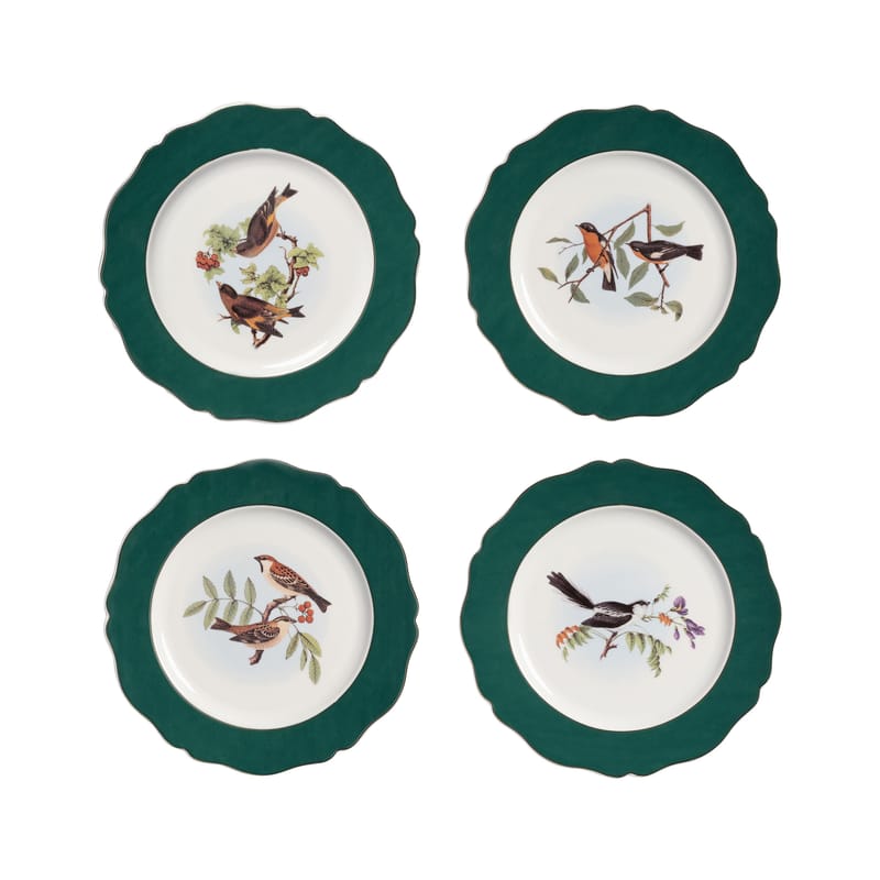 Table et cuisine - Assiettes - Assiette à dessert Avifauna céramique vert / Set de 4 - Ø 21.5 cm - & klevering - Avifauna (oiseaux) / Vert - Porcelaine