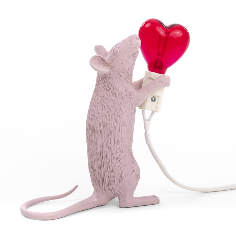 Dekoration - Für Kinder - Tischleuchte Mouse Sitting #2 plastikmaterial rosa / limitierte Valentinstags-Auflage - Seletti - Maus rosa / Leuchtmittel: rotes Herz - Harz