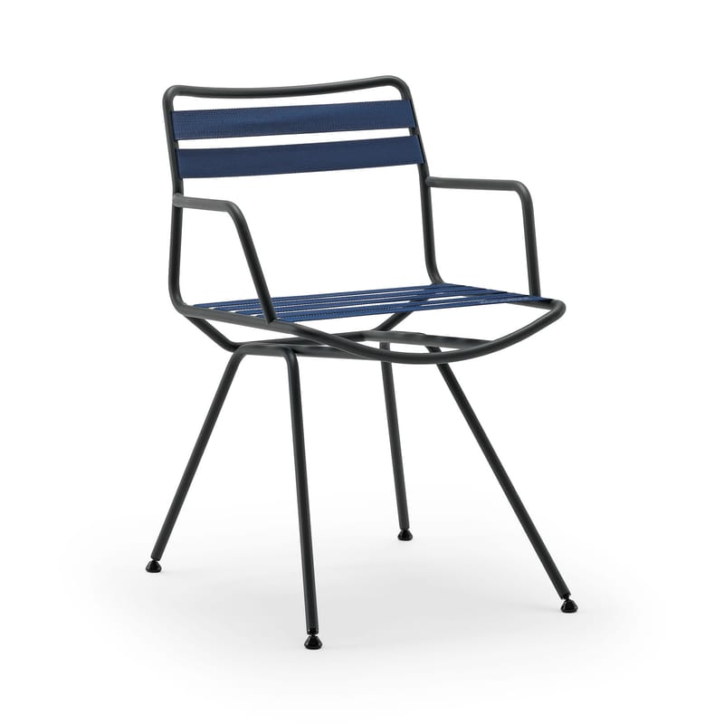 Mobilier - Chaises, fauteuils de salle à manger - Fauteuil Dan tissu bleu / Sangles élastiques - Zanotta - Sangles bleues / Structure noire - Acier verni, Sangles élastiques polyester