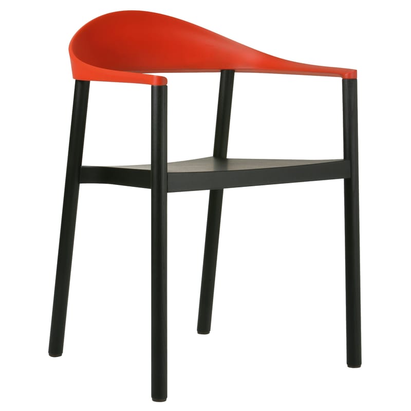 Mobilier - Chaises, fauteuils de salle à manger - Fauteuil empilable Monza plastique bois rouge noir - Plank - Noir / Dossier rouge - Frêne verni, Polypropylène