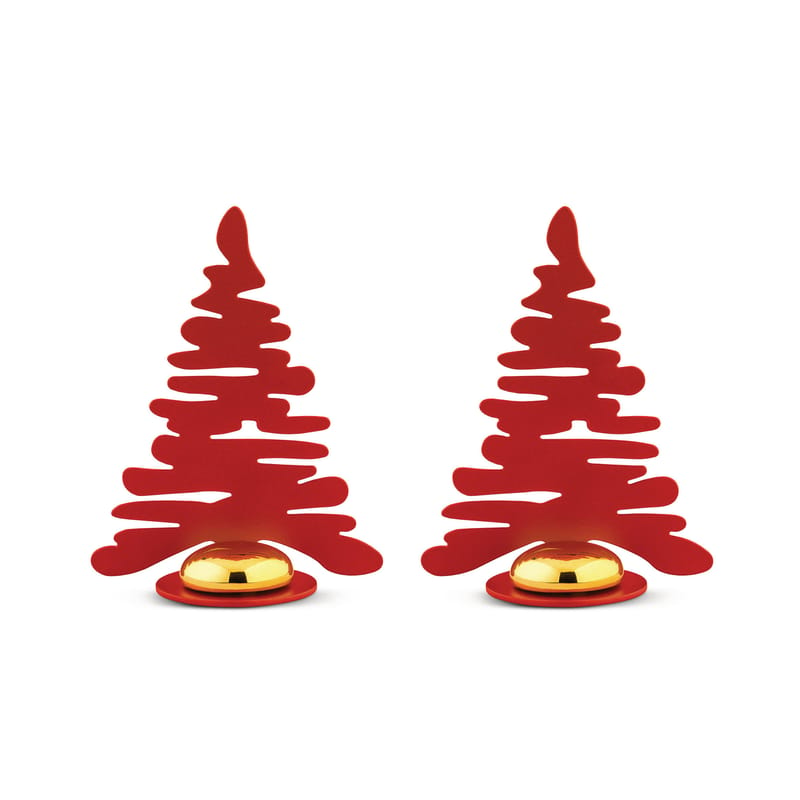 Table et cuisine - Accessoires cuisine - Porte-nom Barkplace Tree métal rouge / Set de 2 sapins en acier - H 8 cm - Alessi - Rouge & or - Acier, Porcelaine