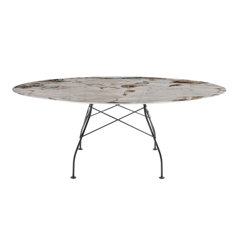 Mobilier - Tables - Table ovale Glossy Marble / 192 x 118 cm - Grès effet marbre - Kartell - Symphonie (tons brun & beige) / Pied noir - Acier laqué, Grès effet marbre