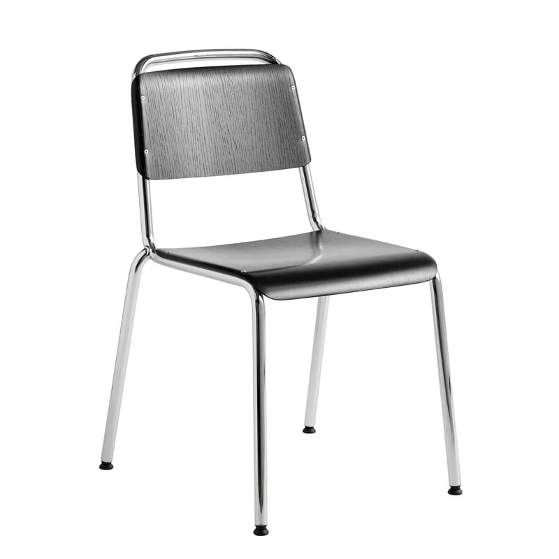 Mobilier - Chaises, fauteuils de salle à manger - Chaise empilable Halftime métal bois noir - Hay - Noir / Structure chromée - Acier chromé, Contreplaqué avec placage chêne teinté
