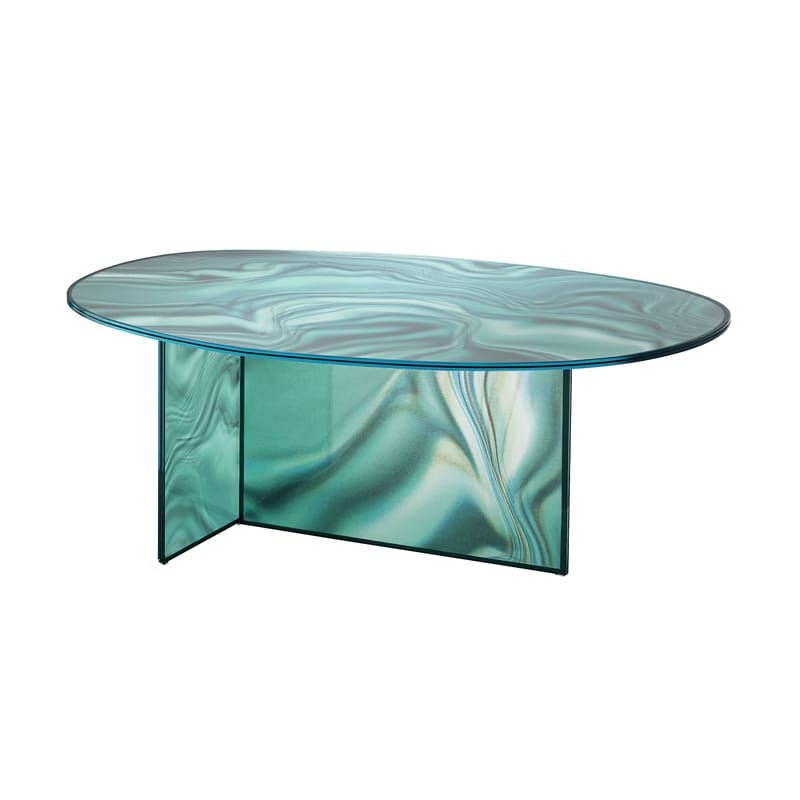 Mobilier - Tables - Table ronde Liquefy verre vert / 180 x 115 x H 73 - Verre motif veiné effet marbre - Glas Italia - Vert - Verre trempé