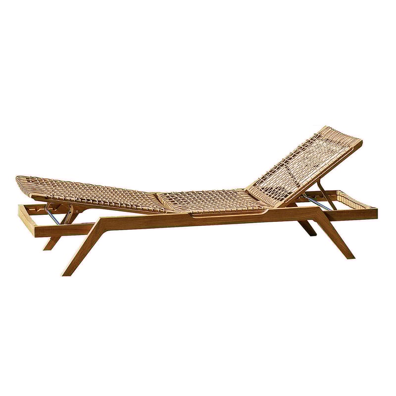 Jardin - Bains de soleil, chaises longues et hamacs - Transat inclinable Synthesis bois naturel / corde - Unopiu - Teck & naturel / Coussin blanc écru - Fibre synthétique Waprolace, Teck, Tissu acrylique