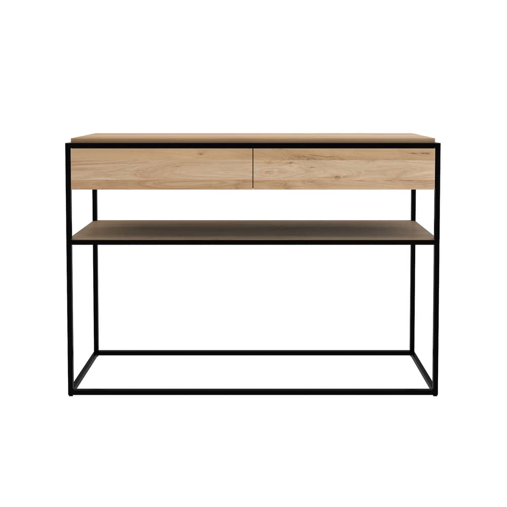 Consolle Monolit nero legno naturale / Rovere massello & metallo - L 122 cm / 2 cassetti - Ethnicraft - Rovere - metallo verniciato, Rovere massello