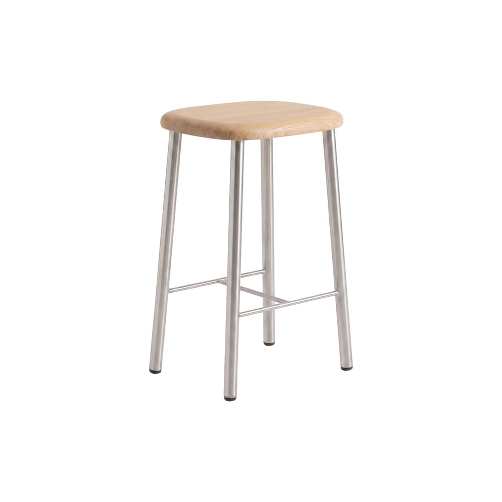 Sgabello bar Bird legno naturale / H 65 cm - Non imbottito - raawii - Acciaio / Seduta in rovere - Acciaio inossidabile, Rovere massello