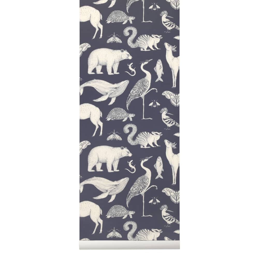 Papier peint Animals papier bleu / 1 rouleau - Larg 53 cm - Ferm Living - Bleu foncé - Toile intissée