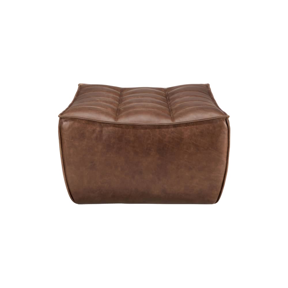Pouf N701 pelle marrone / 70 x 70 cm - Ethnicraft - Castagno - Legno, Pelle anilina, Schiuma PU ad alta densità