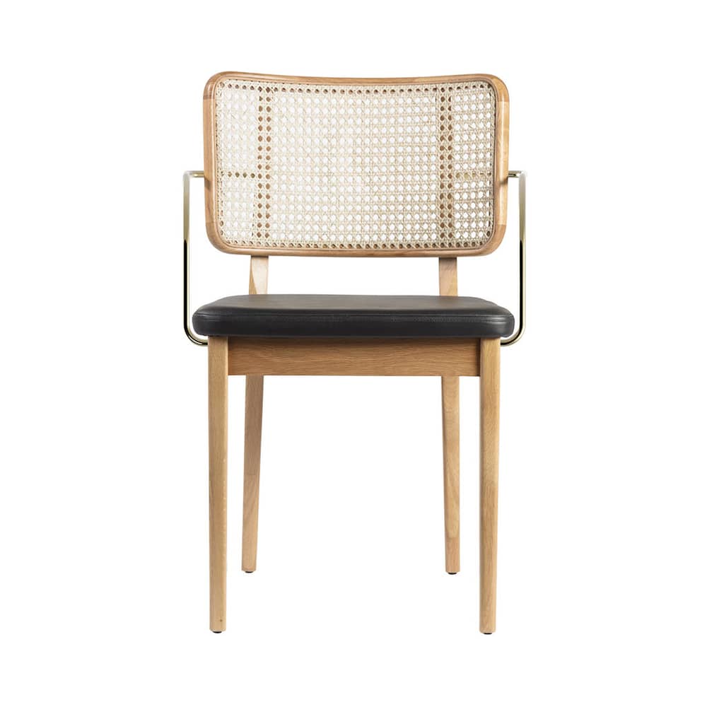 Fauteuil bridge Cannage   / Accoudoirs laiton - RED Edition - Cuir noir / Chêne - Chêne massif, Cuir, Laiton, Mousse, Rotin
