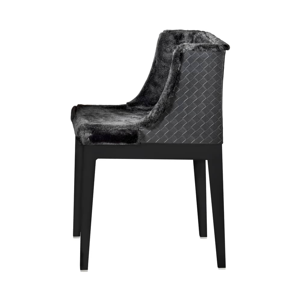 Fauteuil rembourré Mademoiselle Kravitz cuir tissu noir /Cuir tressé - Kartell - Structure noire / Assise fourrure noire / Dossier cuir tressé no - Cuir, Fourrure synthétique, Polycarbonate