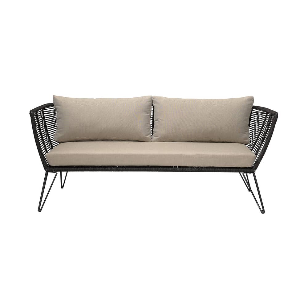 Canapé de jardin 3 places Mundo / L 175 cm - Fils PVC - Bloomingville - Noir / Tissu taupe - Acier laqué, Fibre, Fil PVC, Polyester, Tissu