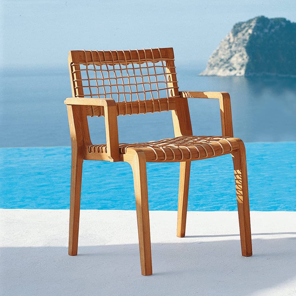 Fauteuil empilable Synthesis / Avec coussin - Unopiu - Teck & naturel / Coussin blanc écru - Fibre synthétique Waprolace, Teck, Tissu acrylique