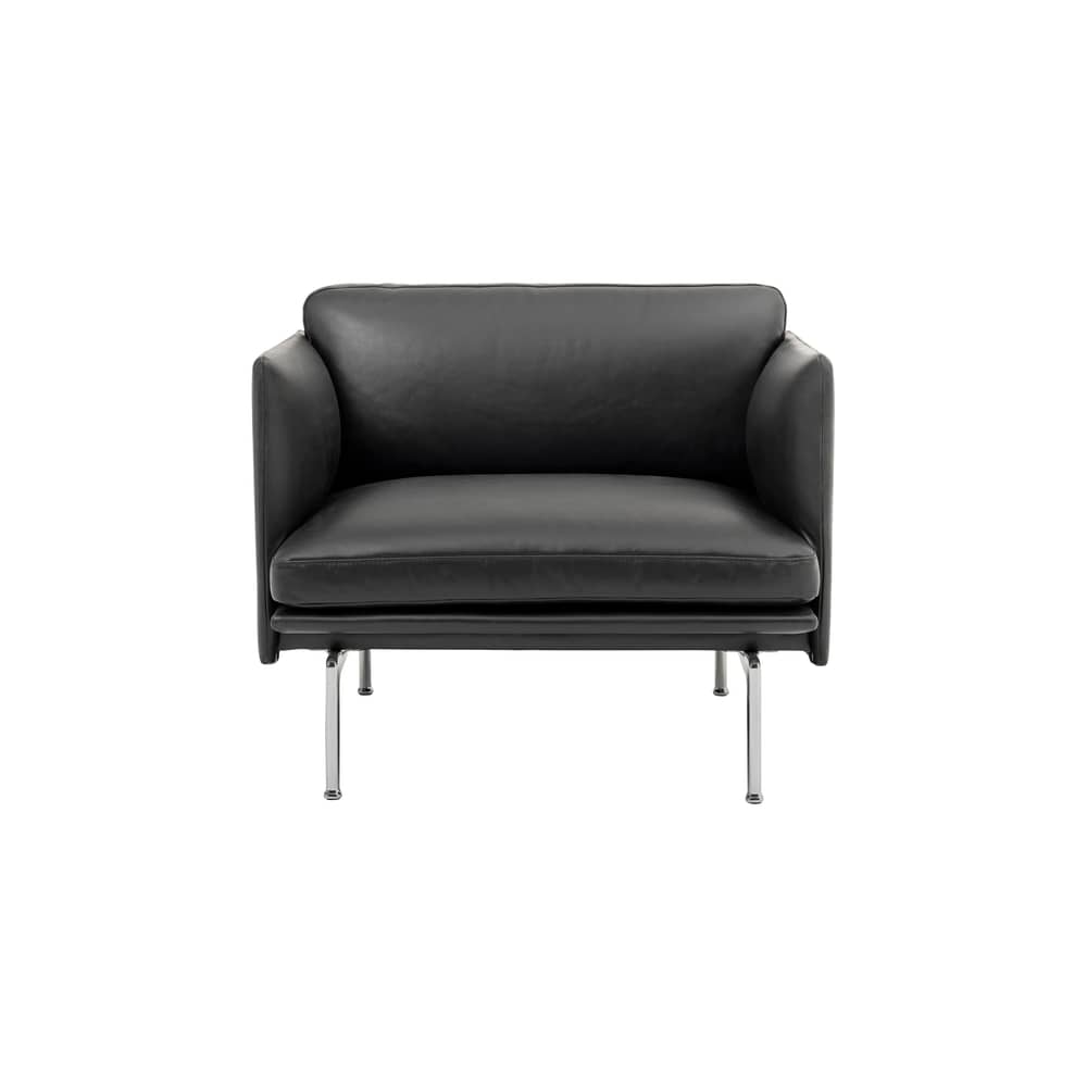 Fauteuil rembourré Outline cuir noir - Muuto - Noir (cuir Refine) / Pieds alu poli - Acciaio, Alluminio lucido, Legno, Pelle, Schiuma a freddo