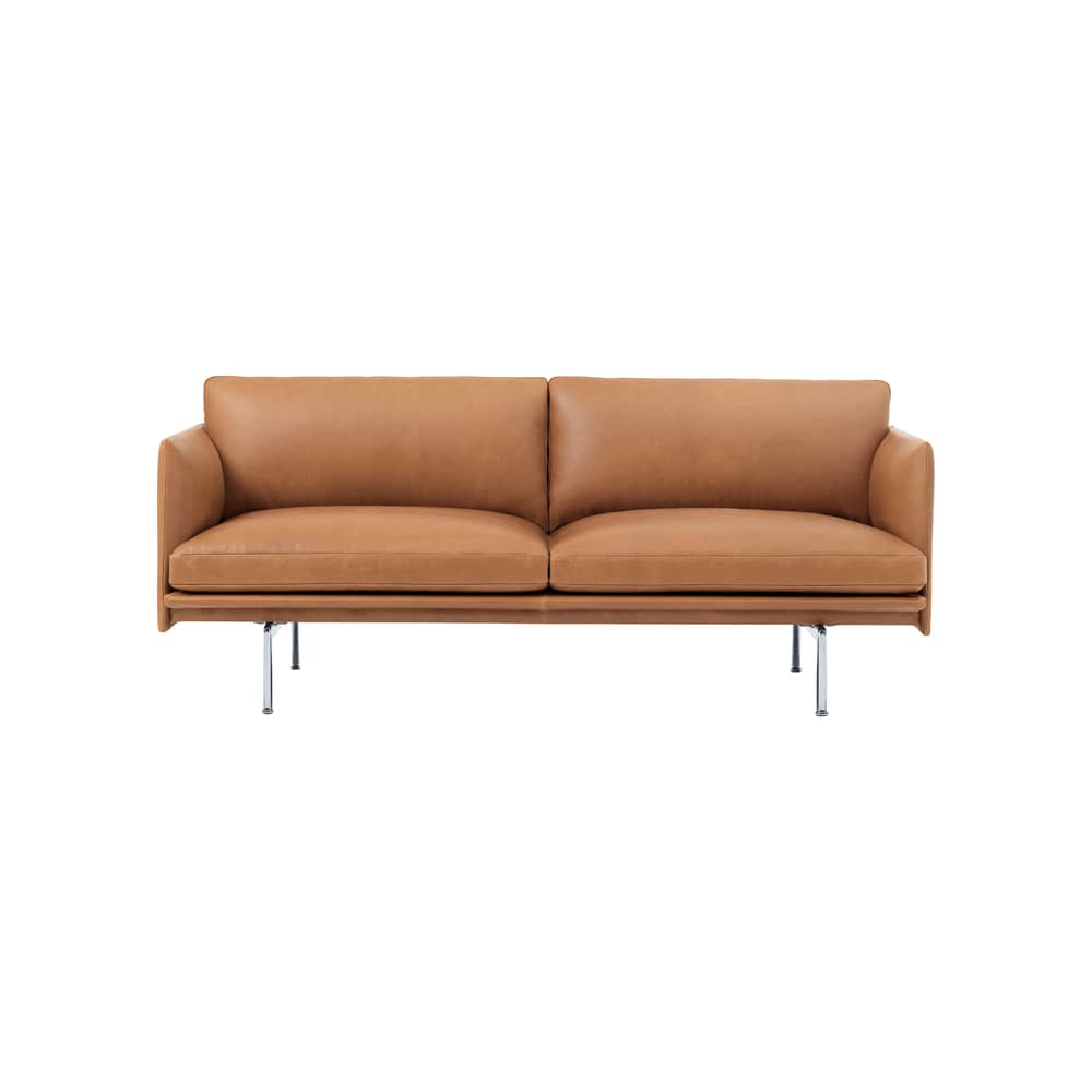 Canapé 2 places Outline cuir marron / L 170 cm - Muuto - Cognac (cuir Endure) / Pieds alu poli - Acciaio, Alluminio lucido, Legno, Pelle, Schiuma a freddo