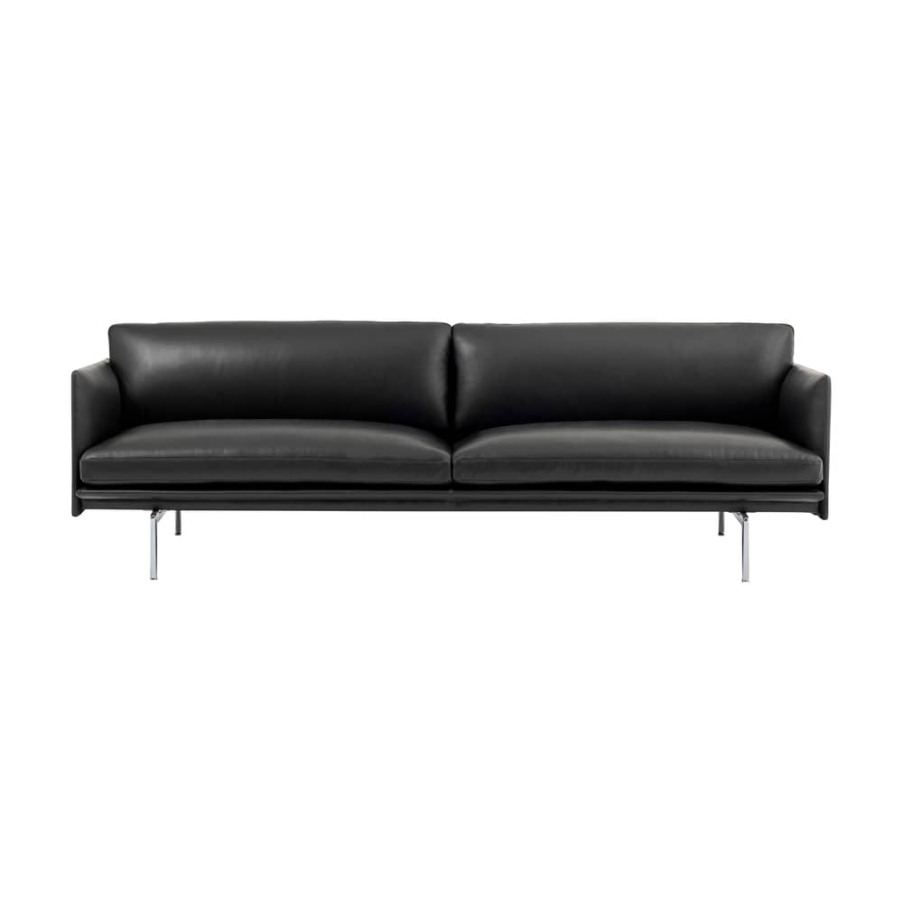 Canapé droit Outline cuir noir / 3 places- L 220 cm - Muuto - Noir (cuir Refine) / Pieds alu poli - Holz, Kaltschaum, Leder, poliertes Aluminium, Stahl