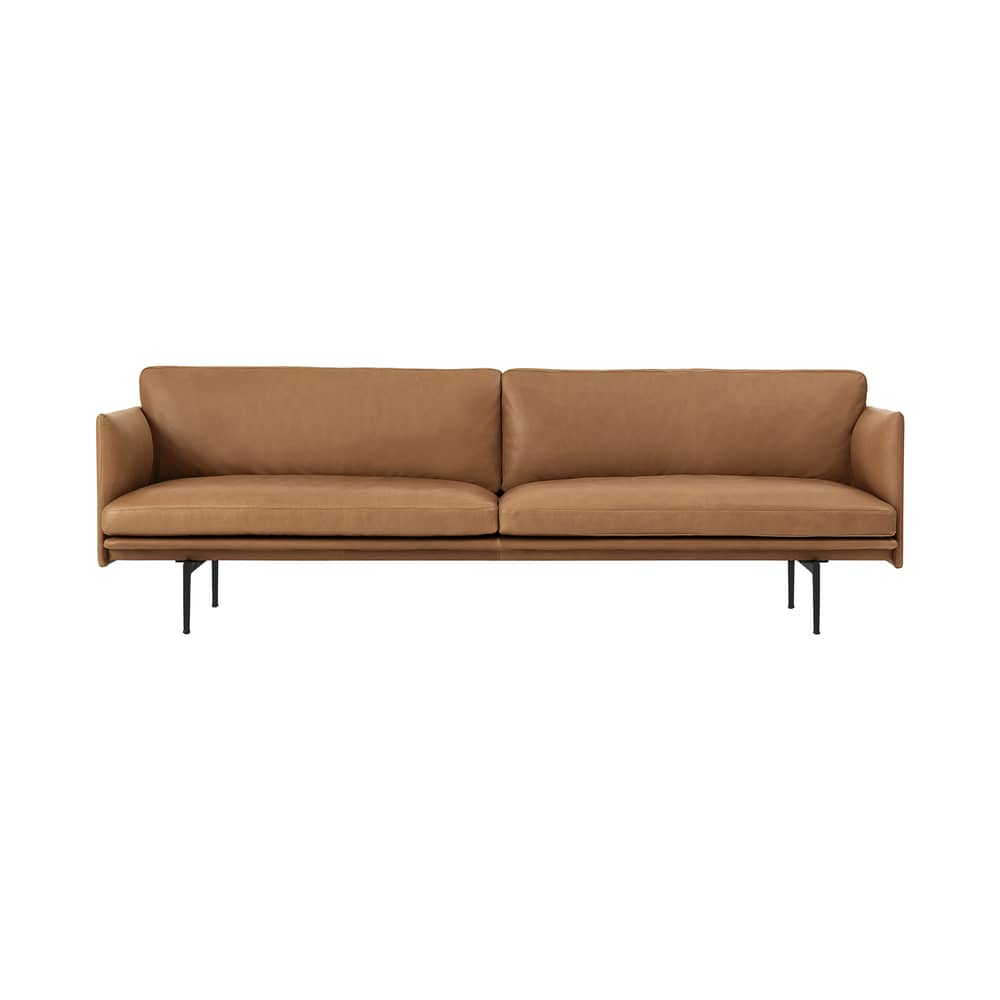 Divano Outline / 3 posti - L 220 cm - Cuoio - Muuto - Cuoio Cognac /Gambe nere -  Plumes, Alluminio laccato, Pelle pieno fiore, Schiuma ad alta densità