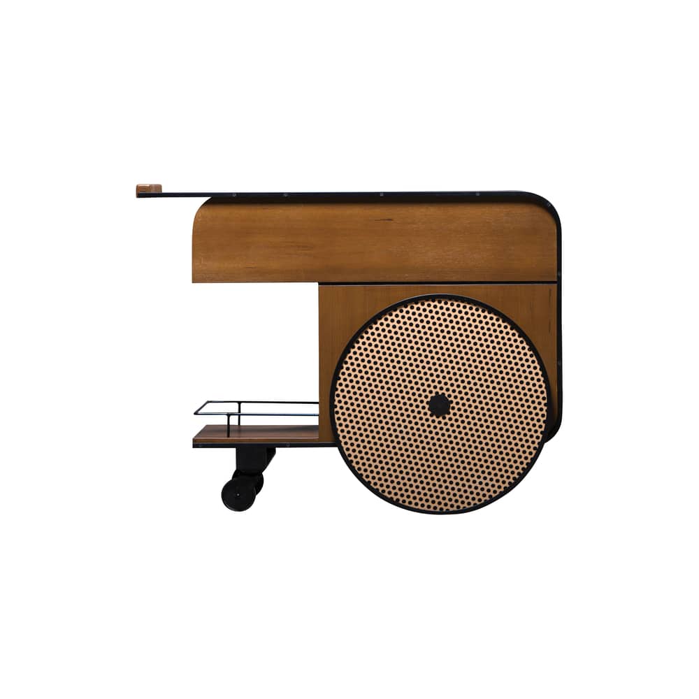 Trink Dresser natural wood / Bar Trolley - 100 x 54 x H 75 cm / Perforated canvas - KANN DESIGN - Teak / Peach wheels - Aluminium, Lacquered solid teak, Rubber, Steel, Teak veneer