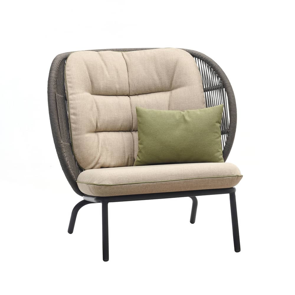 Fauteuil rembourré Kodo Cocoon n°2      / H 98 cm - Corde acrylique tressée main - Vincent Sheppard - Gris Fossile / Beige & vert - Aluminium thermolaqué, Corde acrylique, Mousse, Tissu Sunbrella