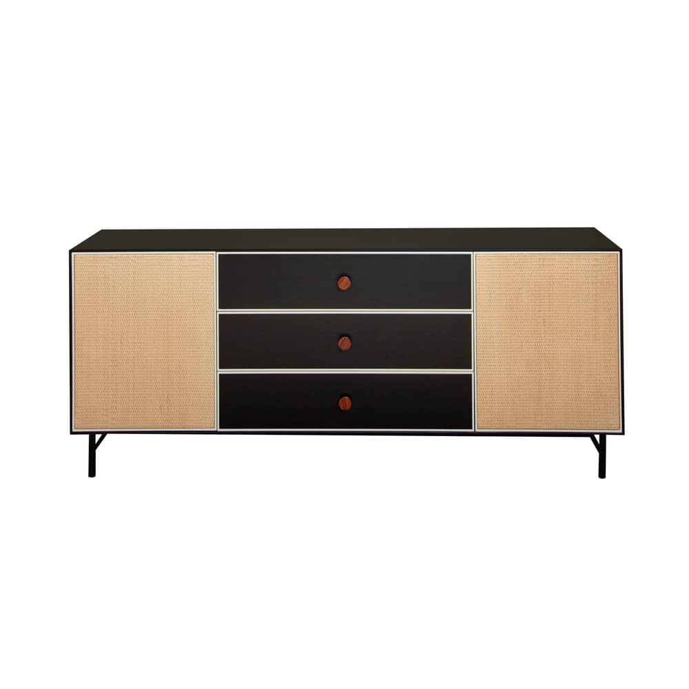 Buffet Essence bois noir / L 180 x H 75 cm - rotin - Maison Sarah Lavoine - Noir & rotin - Bois laqué, Métal, Moelle de rotin