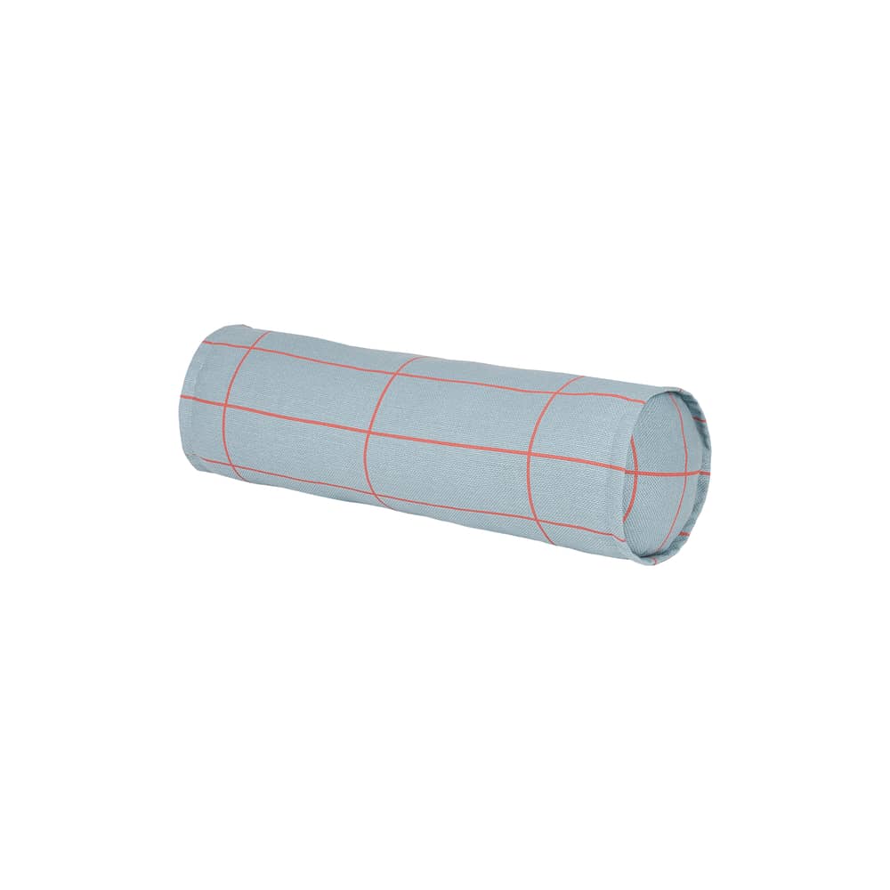 Coussin Vibes Cylinder bleu ciel / Ø 16 x L 50 cm - NOBODINOZ - Bleu ciel & rouge / Grille - Coton bio, Polyester Oeko-Tex