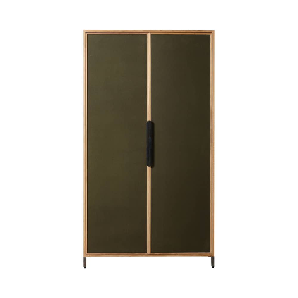 Armoire Pioneer Canvas bois vert / L 100 x P 37,5 x H 180 cm - Portes tissu - HK LIVING - Tissu vert kaki / Bois naturel - Bois massif, Contreplaqué, Tissu