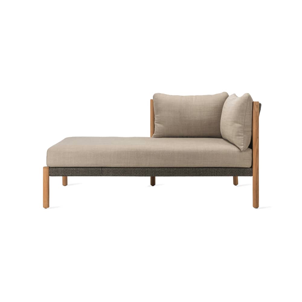 Liege Außenbereich Lento Modular Right textil grau holz natur / L 166 cm - Handgeflochtenes Polypropylenseil - Vincent Sheppard - Graue Kissen / Anthrazitfarbenes Seil / Teakholz - , Aluminium, Massives Teakholz, Schaumstoff, Seil aus Polypropylen