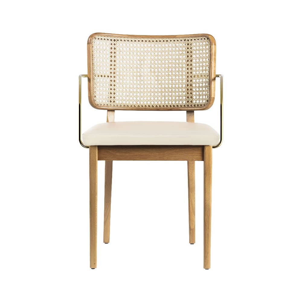 Fauteuil bridge Cannage cuir blanc / Accoudoirs laiton - RED Edition - Cuir Vanille / Chêne - Cannage de rotin, Chêne massif, Cuir, Mousse