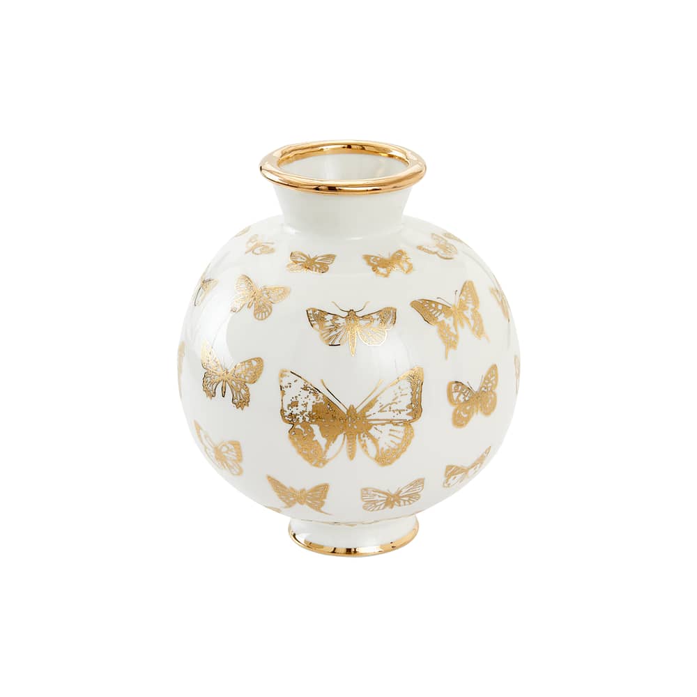 Vase Botanist Butterfly keramik weiß gold / Ø 20 x H 23 cm - Porzellan - Jonathan Adler - Schmetterlinge / Weiß & Gold - Porzellan