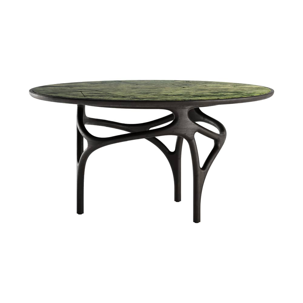 Runder Tisch Cena INDOOR marmor grün / Ø 150 cm (8 Personen) - Tablett aus Marmor mit Gravur - MORPHO - Grüner Marmor (geätzt) / Dunkelbrauner Fuß. - Marmor, Massives Teakholz