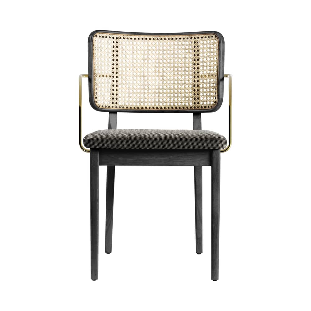Fauteuil bridge Cannage    / Tissu - Accoudoirs laiton - RED Edition - Tissu Gris Caviar / Noir - Chêne massif teinté, Coton, Laiton, Mousse, Rotin